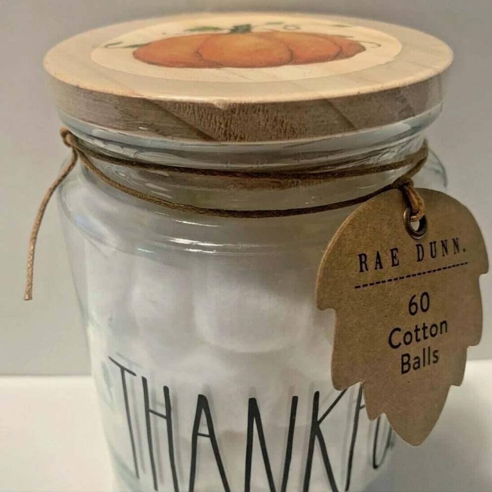 RAE DUNN THANKFUL Glass Cannister Wood W/ Cotton Balls BNWT 2021 Retired Magenta